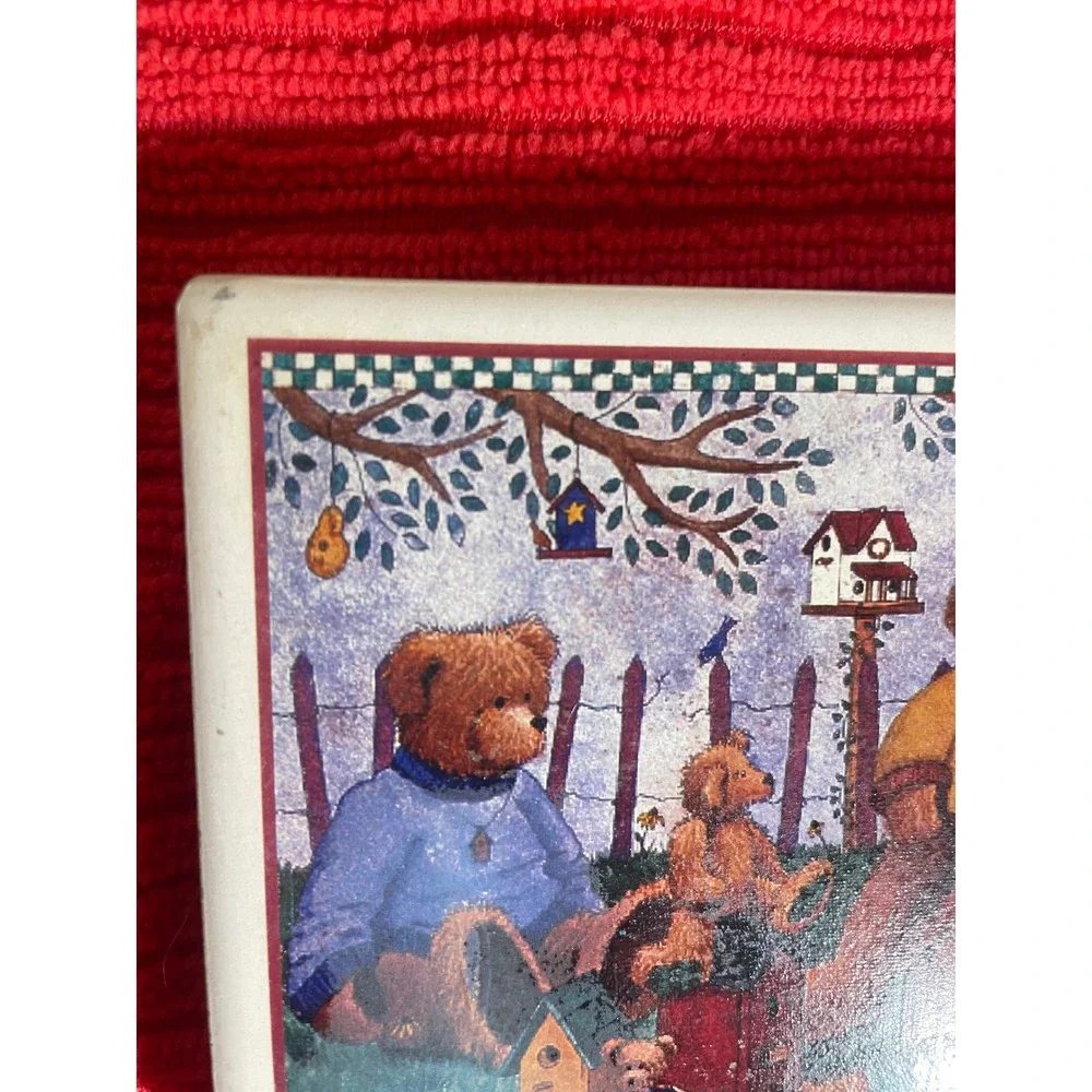 Stone Art Absorbent Stone Coaster Set of 4 Teddy Bear Garden Scene Cork Backing